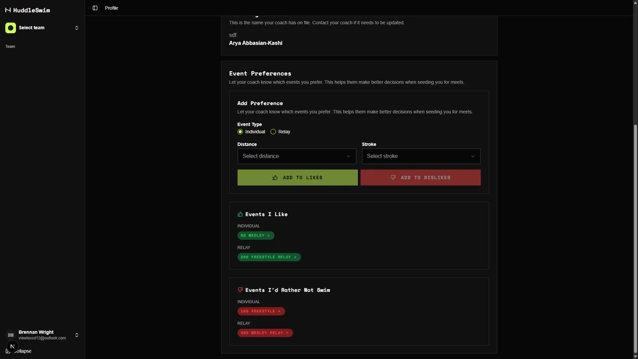 Athlete Event Preferences screenshot